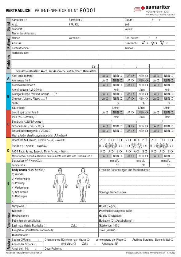 Blocs A4 en Allemand «Fiche de soins» 50 x 2 pages © Copyright Samaritains Romands