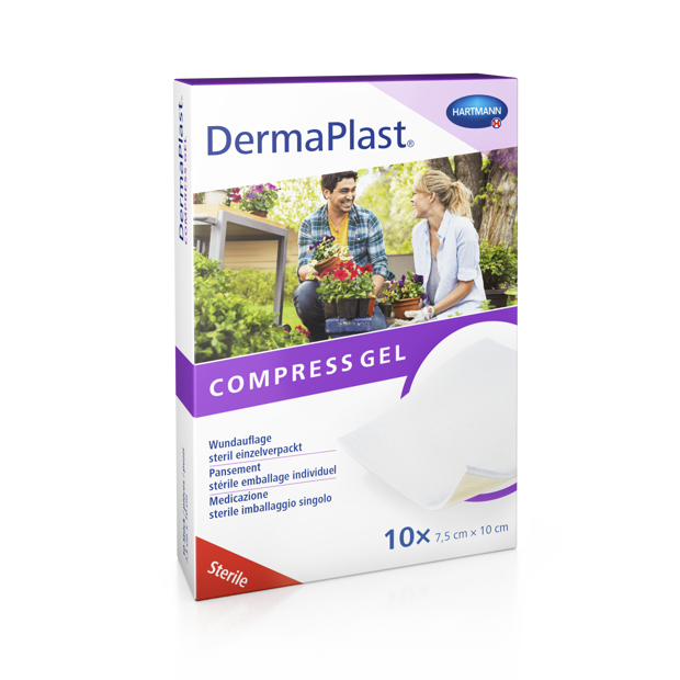 Comprigel DermaPlast® Compress Gel compresse enduite en boîte, stérile, emballage individuel 7.5 x 10 cm - 10 pièces
