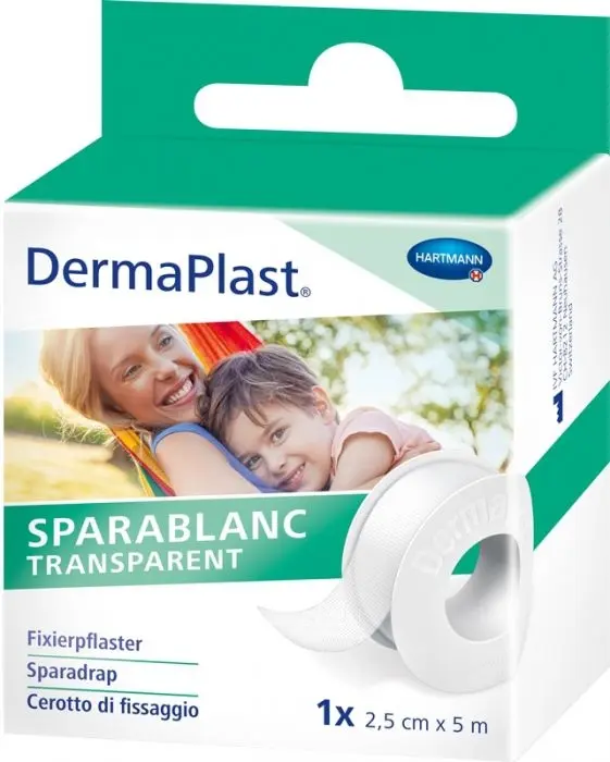DermaPlast® Sparablanc Transparent Pansement de fixation Distributeur clip 5 m x 2.5 cm