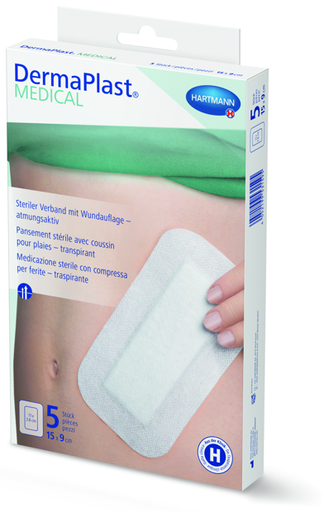 [531312] DermaPlast® Medical Pansement couvrant adhésive stérile avec coussin absorbant 5 pces 15 x 9 cm