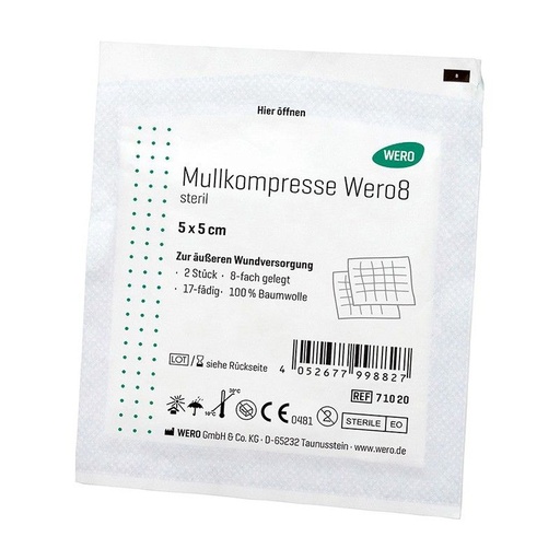 [71020] Compresses de gaze Wero8, 5 x 5 cm, 2 pces.