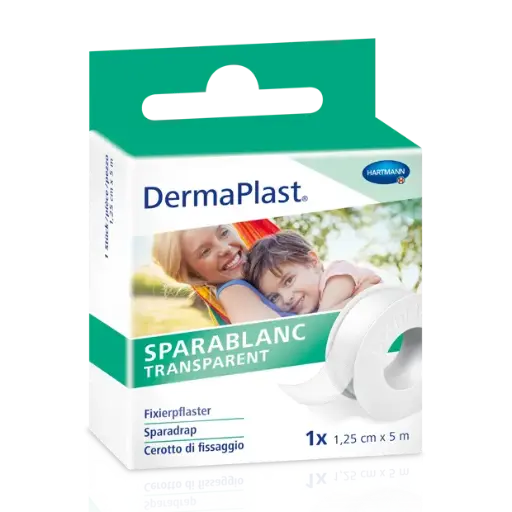 [521311] DermaPlast® Sparablanc Transparent Pansement de fixation Distributeur clip 5 m x 1.25 cm